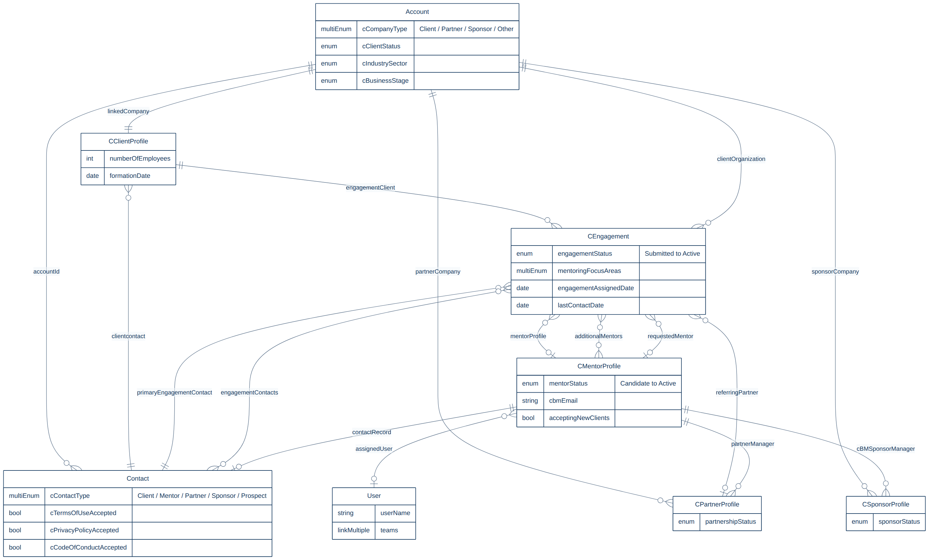 Entity relationship diagram of companies, contacts, engagements and the three profile types